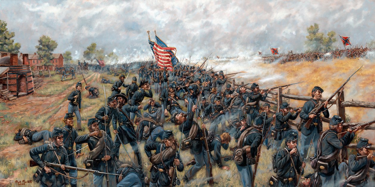 The Brickyard Fight 154th New York Infantry at Gettysburg, 2024 (Olie på lærred) af Mark Maritato