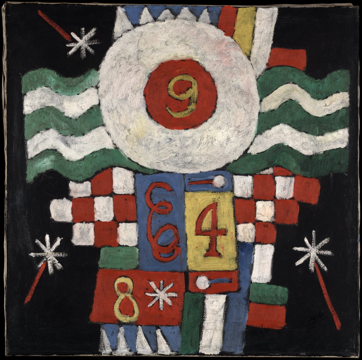 Samling af tal, design og bogstaver set af mig i begyndelsen af krigen i Berlin, Military in Nature, ca. 1915 (olie på lærred) af Marsden Hartley