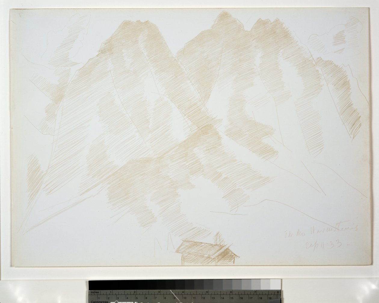 Bjerglandskab med bygninger i forgrunden af Marsden Hartley