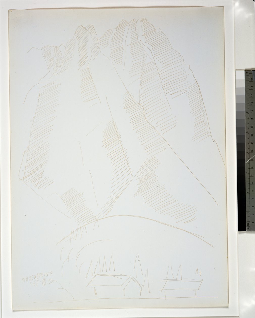 Bjerglandskab med to bygninger i forgrunden af Marsden Hartley