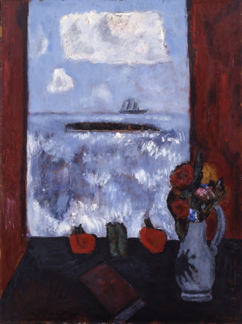 Sommer, hav, vindue, rødt gardin, 1942 (olie på masonit) af Marsden Hartley