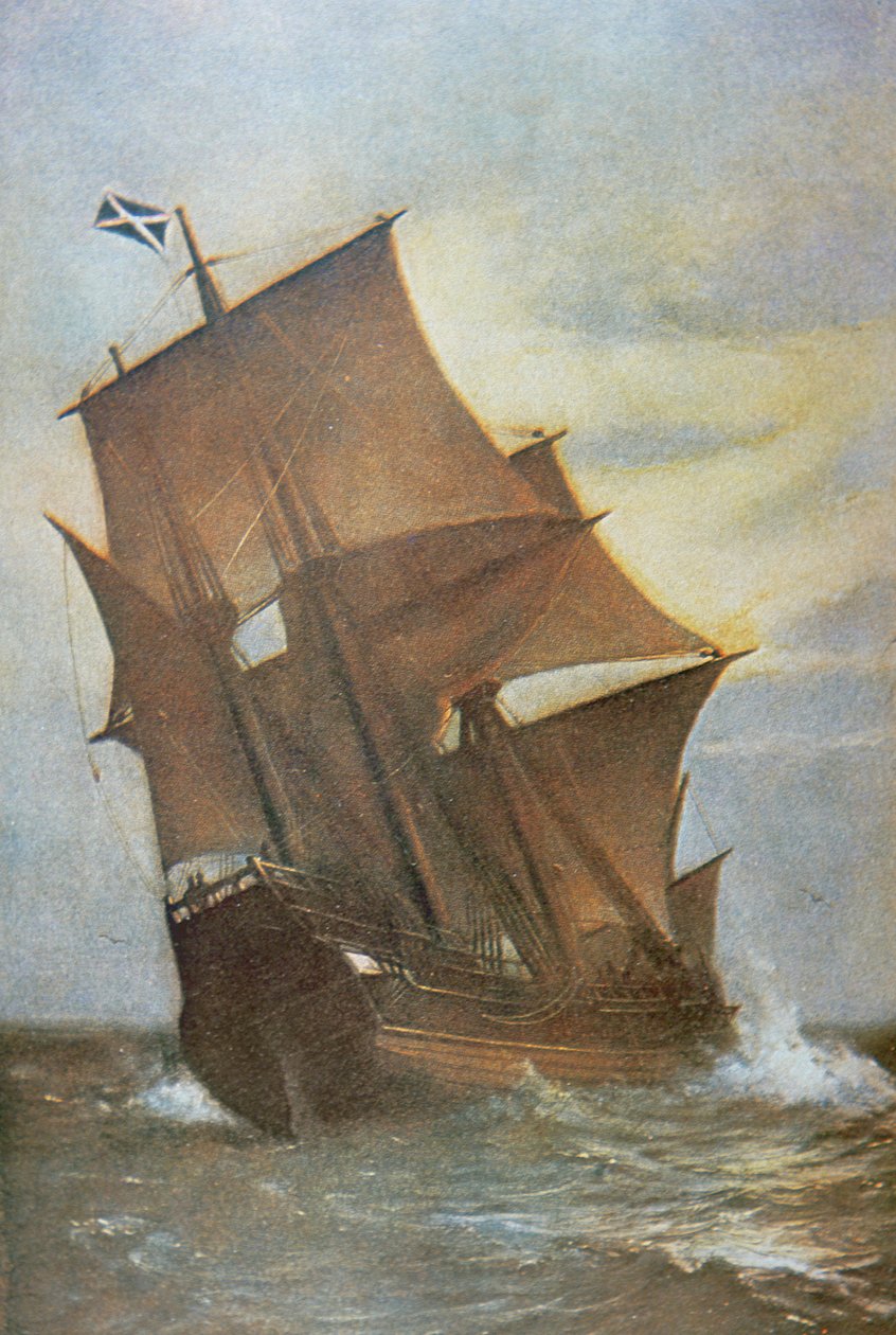 Mayflower, der bar pilgrimsfædrene over Atlanten til Amerika i 1620 (olie på lærred) af Marshall Johnson