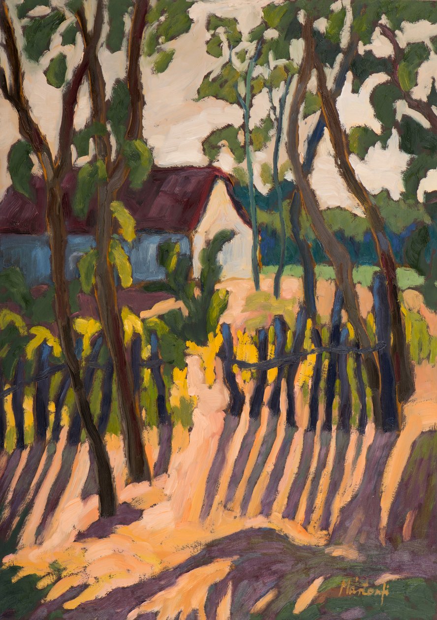 Ramshackle Fence (2011) 70*50, cm olie på bord af Marta Martonfi Benke