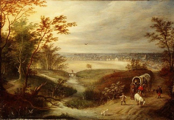 Et omfattende skovlandskab med en vogn ved et vadested af Marten (attr. to) Ryckaert