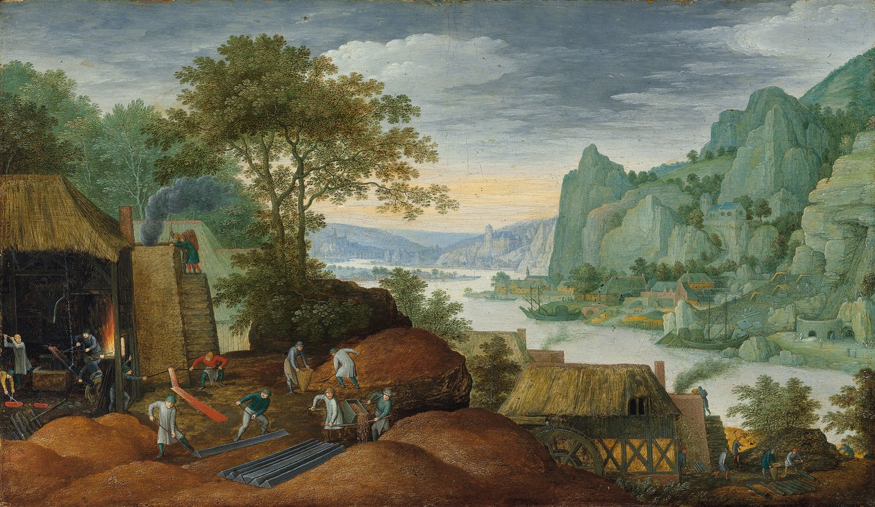 Et klippelandskab med figurer ved et jernstøberi, en flod og huse på bredden bagved af Marten Ryckaert