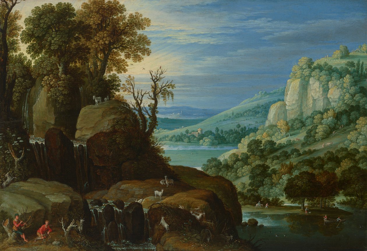 Et stort flodlandskab med gedehyrder, der spiller på piber ved et vandfald, og en fjern udsigt til en sø og en by bagved. af Marten Ryckaert