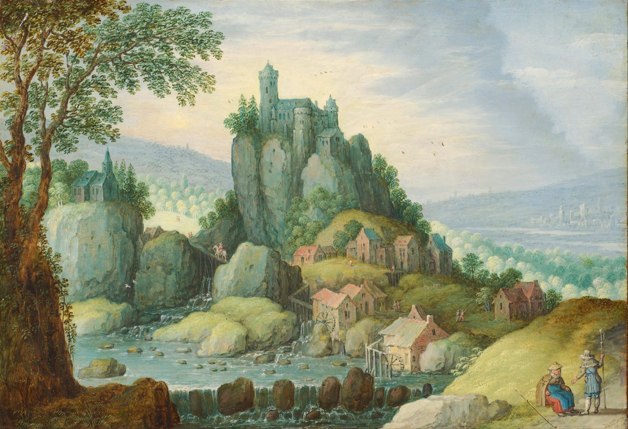 Panoramalandskab med en flod, et slot på et klippefremspring og en vandmølle nedenfor af Marten Ryckaert