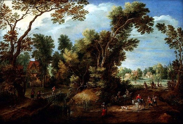 Skovklædt flodlandskab med figurer af Marten Ryckaert