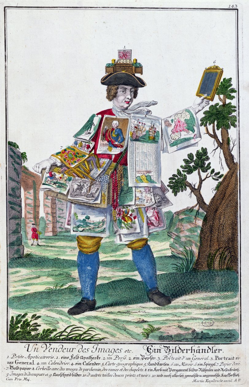 Billedsælger, ca. 1735 (farvestik) af Martin Engelbrecht