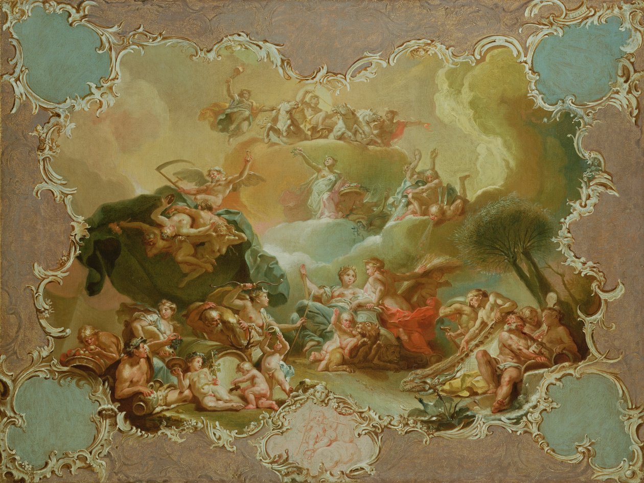 Model til en loftsdekoration, der forestiller Ceres med jordens frugter, hvor tiden overvinder misundelse, og floraen tilbyder blomster til Apollo af Martin Knoller