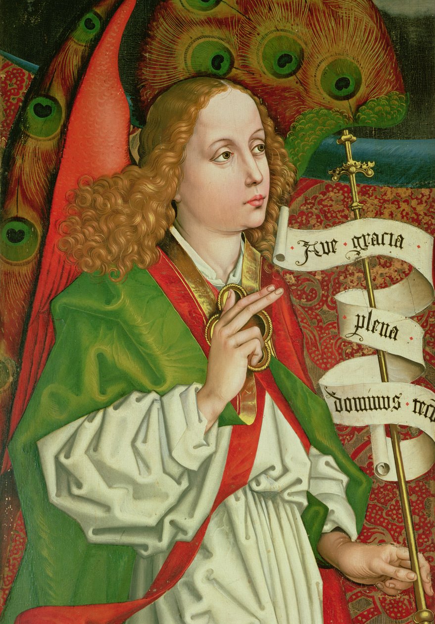 Detalje af ærkeenglen Gabriel, fra bebudelsen, fra Orlier-altertavlen, ca. 1468-70 af Martin Schongauer