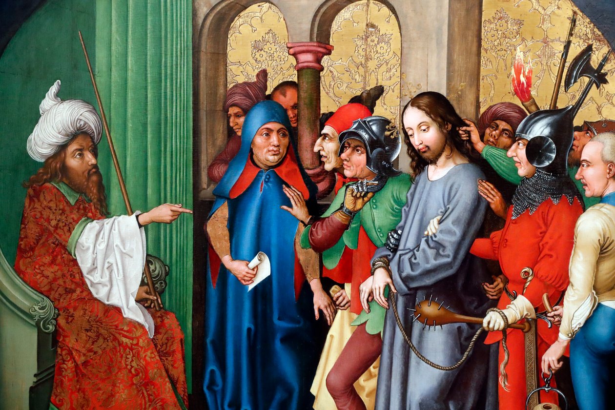 Jesus bliver fordømt af Sanhedrinet (olie på træpanel) af Martin Schongauer