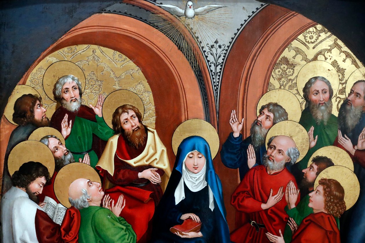 Marias antagelse (olie på træpanel) af Martin Schongauer