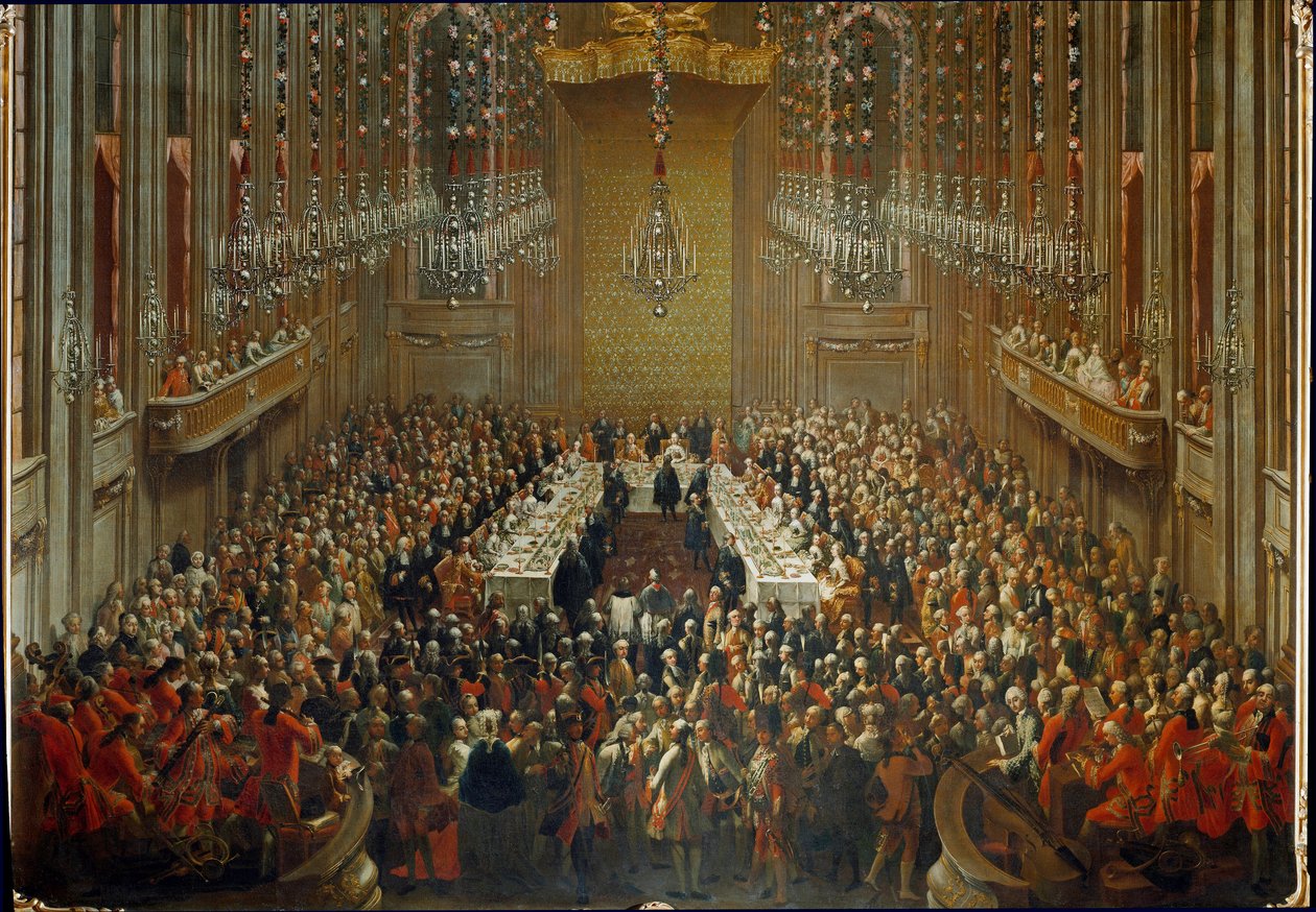 Banket i anledning af brylluppet mellem kejser Joseph II og Isabella af Parma den 06/10/1760. Med Mozart stående i orkestret af Martin (and studio) Mytens or Meytens