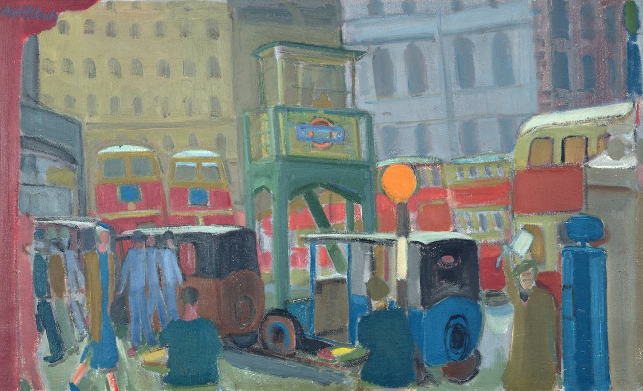 Busser ved Victoria Station, London (olie på lærred) af Martin Bloch
