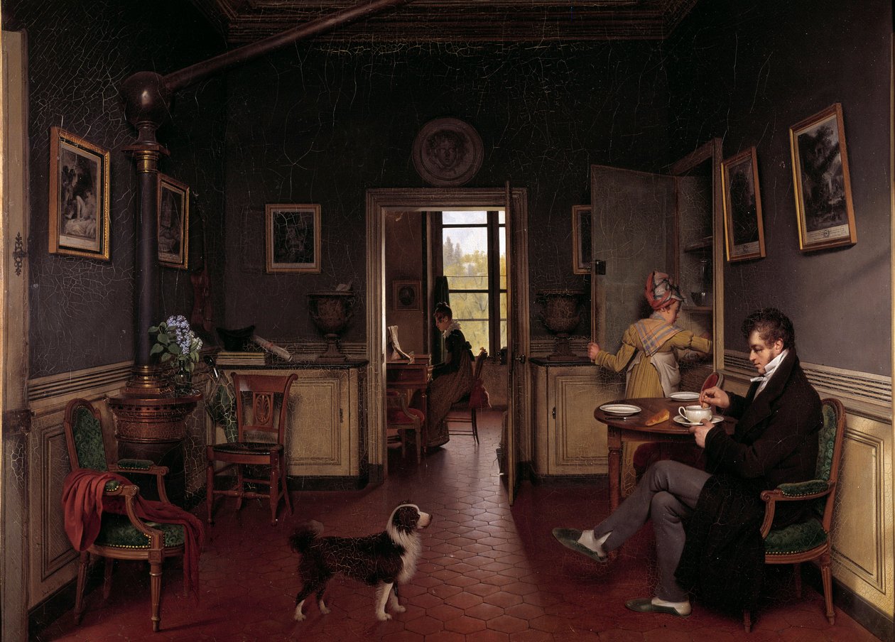 Et indvendigt billede af en spisestue i 1815 En mand i en tøffel tager sin morgenmad foran hundens øjne. Maleri af Martin Drolling (1752-1817) af Martin Drölling