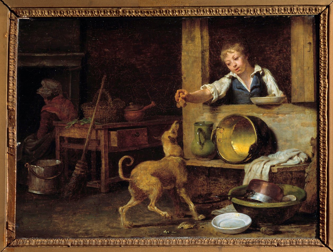 Køkkenindretning En ung tjener giver hunden resterne. Maleri af Martin Drolling (1752-1817) 1800-tallets Orleans, Museum of Fine Arts af Martin Drölling