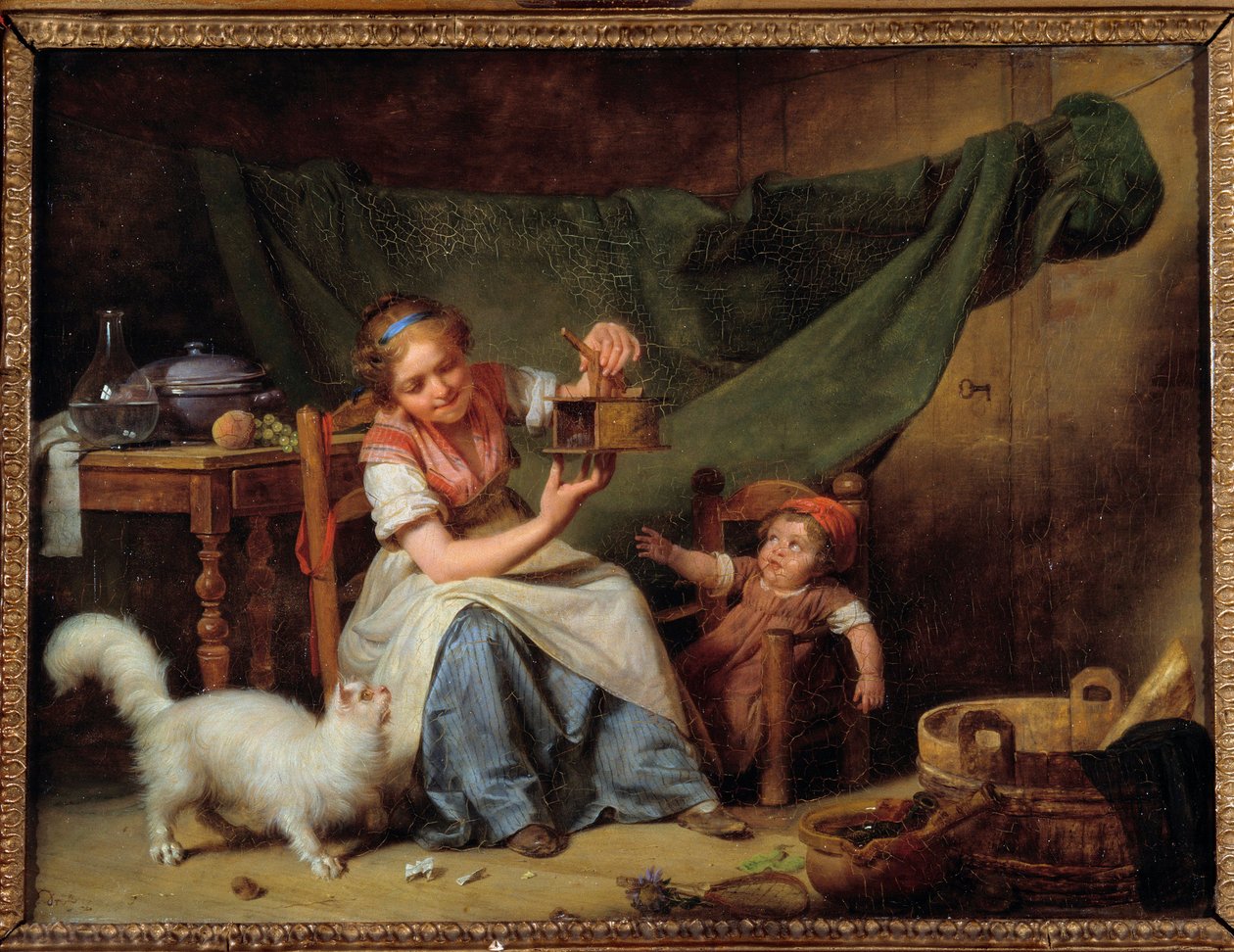 Kvinden og musen En pige holder en musefanger foran katten og en baby. Maleri af Martin Drolling (1752-1817) 1798 søn. 0,25x0,35 m Orleans. Museum for Skønne Kunster af Martin Drölling