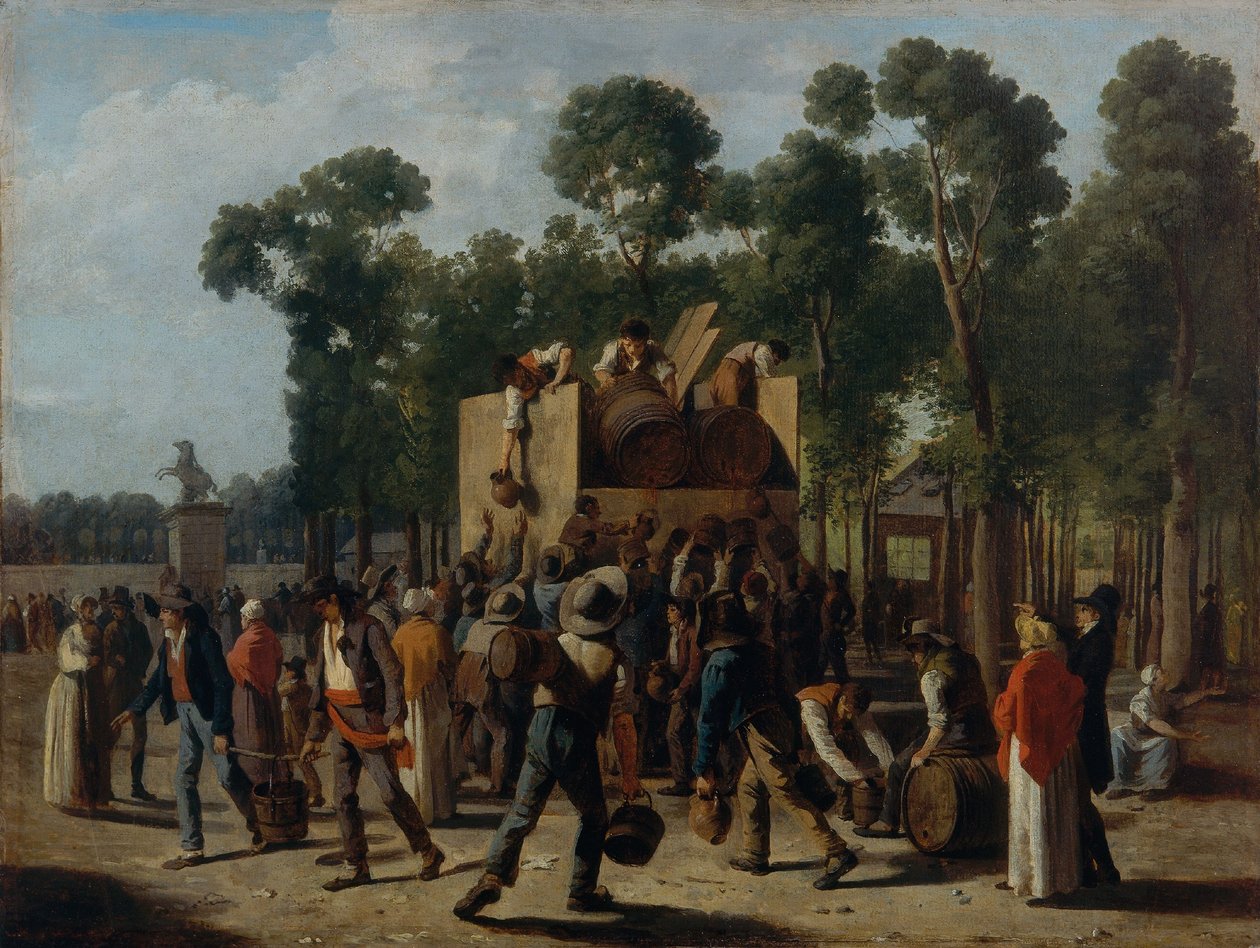 Vinuddeling på Champs-Elysées, ca. 1795 (olie på papir, monteret på lærred) af Martin Drölling