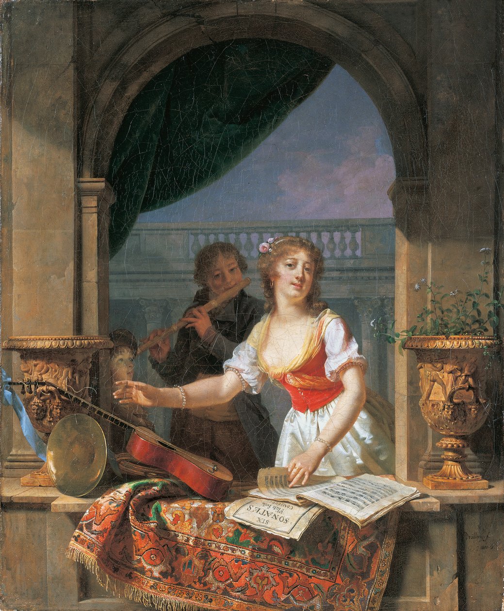 En ung dame, der rækker ud efter en guitar ved en stenramme og en dreng, der spiller på fløjte, 1796-97 af Martin Drölling
