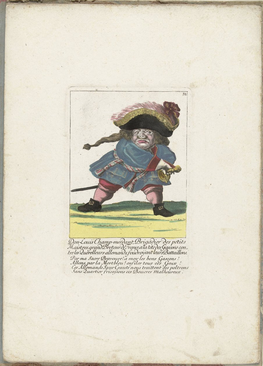 De Franse dwerg Don Luis Champ-merdant, ca. 1710 Don Luis Champ-merdant, brigadegeneral for de små mestre, storbredør i Frankrig, i spidsen for Gascons mod de tyske stridsmænd, der slår deres bataljoner ned (titel på objektet) Il Callotto genoplivet af Martin Engelbrecht (attributed to)