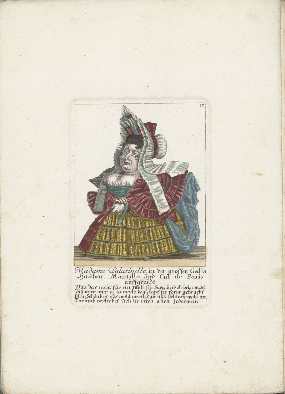 De Franse dwerg Madame Palatinelle, ca. 1710 Madame Palatinelle, motorhjelmer, mantilla og cul de Paris klædt ud i den store Galla (titel på objektet) Il Callotto resurcitato eller nyindrettet lille kabinet (serietitel) af Martin Engelbrecht (attributed to)