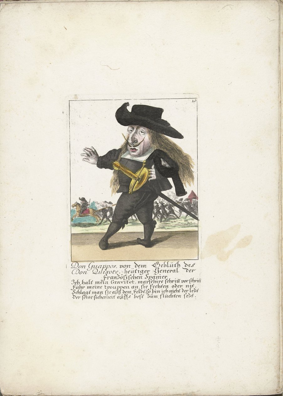 Den spanske dwerg Don Guappos, ca. 1710 Don Guappos, fra blodet af Don Quixote, nutidens general for de franske spaniere (titel på objektet) Il Callotto resurcitato eller nyindrettet lille kabinet (serietitel) af Martin Engelbrecht (attributed to)