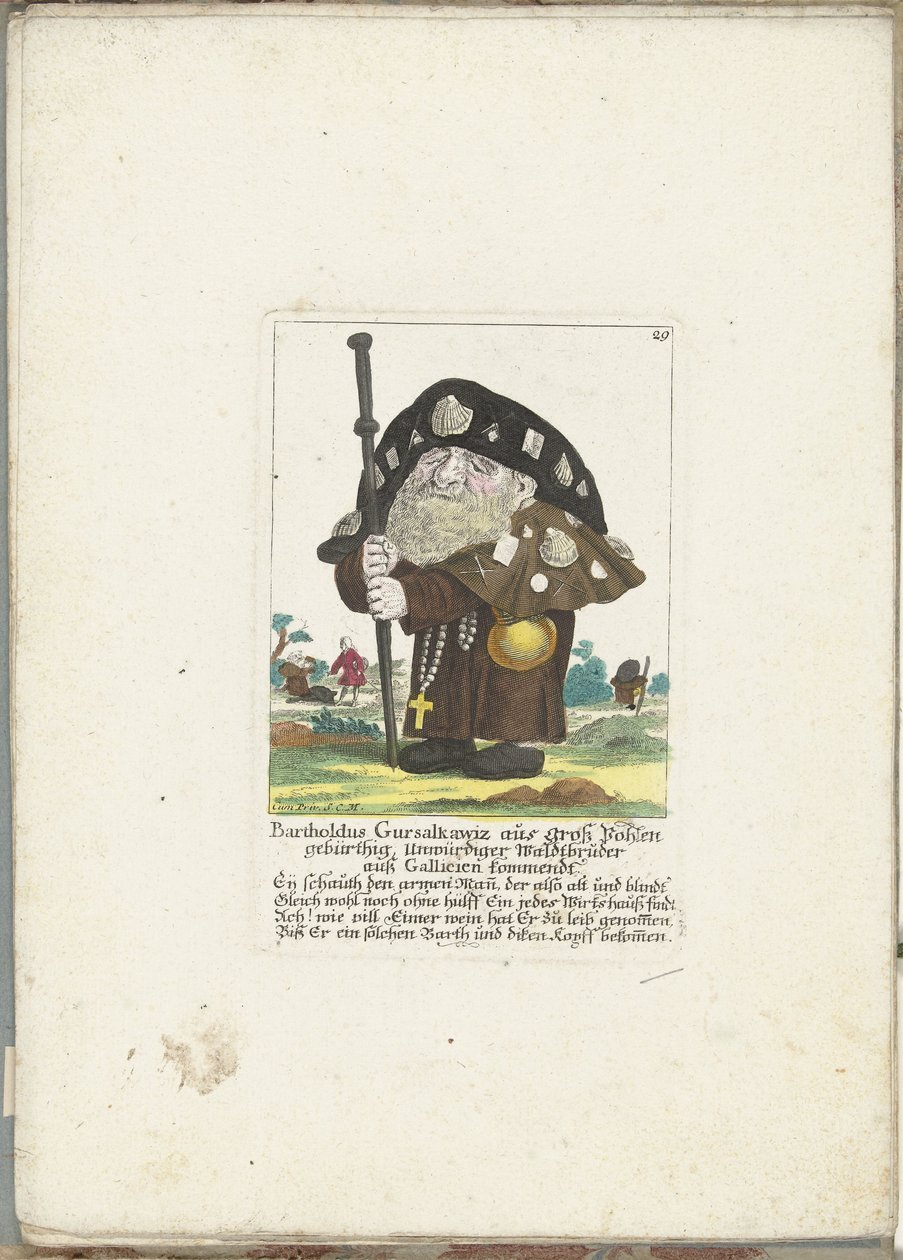 De dwerg Bartholdus Gursalkawiz som pelgrim uit Compostella, ca. 1710 Bartholdus Gursalkawiz, født i Groß Pohlen, uværdig skovbror fra Gallicia (titel på objektet) Il Callotto resurcitato eller nyindrettet lille kabinet (serie af Martin Engelbrecht (attributed to)