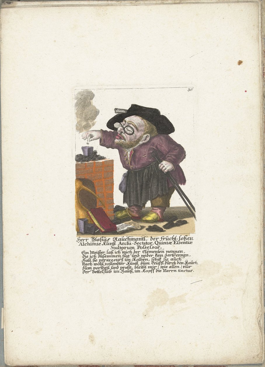 De werg Blasius Rauchmantl som alkymist, ca. 1710 Herr Blasius Rauchmantl, der frucht-loßen Alchimie kunst Ærkesekterisk, besidder af fjolsets femte essens (titel på objektet) Il Callotto resurcitato oder Neu eingrichtes Zwerchen Cabinet (serie ti af Martin Engelbrecht (attributed to)