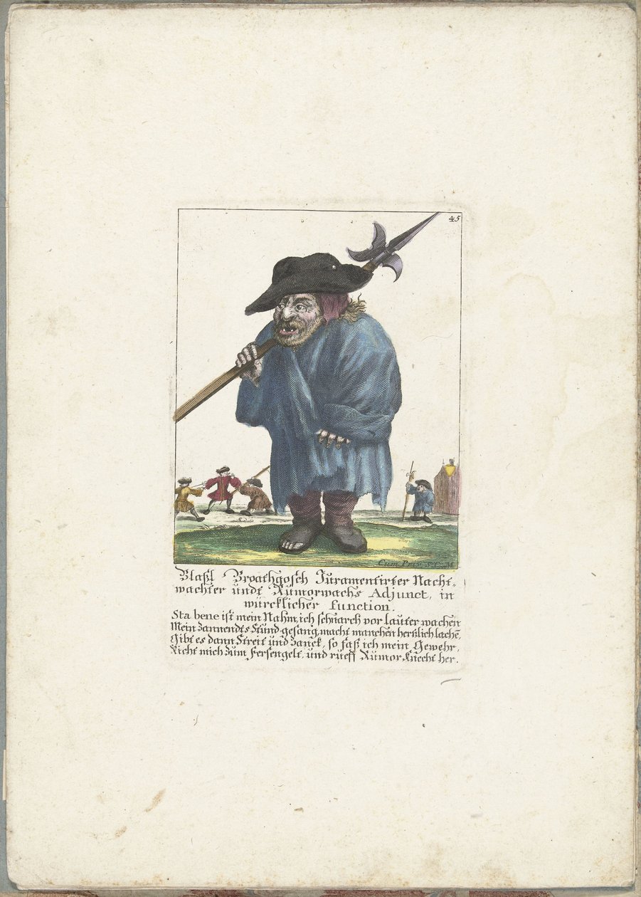 Dwerg Blassl Broatgosch, omkring 1710 Blassl Broatgosch Jurassic Night Watchman og Rumorwachs Adjunct, i ægte funktion (titel på objekt) Il Callotto resurcitato eller nyindrettet lille kabinet (serietitel) af Martin Engelbrecht (attributed to)