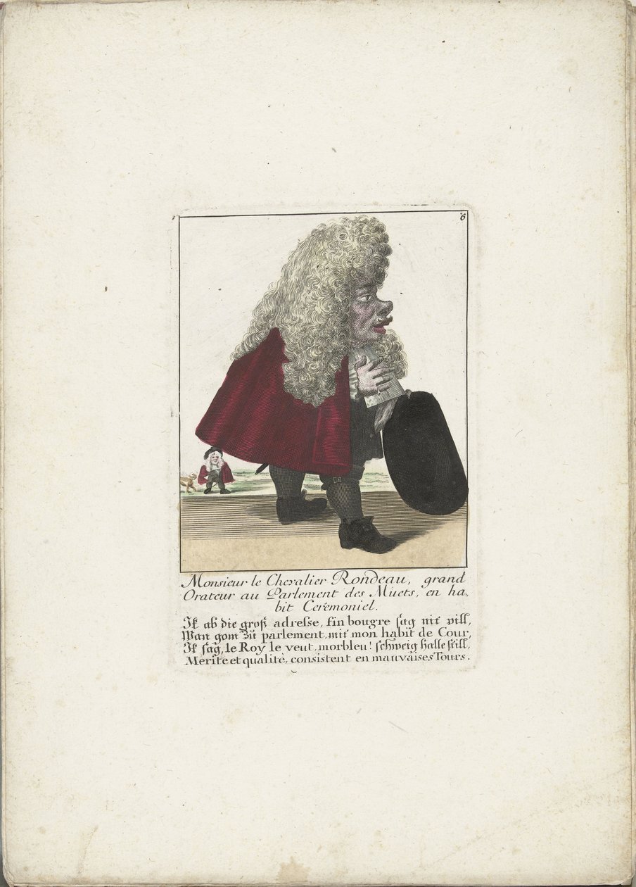 Fra dwerg Chevalier Rondeau als een parlamentslid, ca. 1710 Monsieur le Chevalier Rondeau, stortaler i de stummes parlament, i ceremoniel kjole (titel på objektet) Il Callotto resurcitato oder Neu eingerichtes Zwerchen Cabinet (serietitel) af Martin Engelbrecht (attributed to)