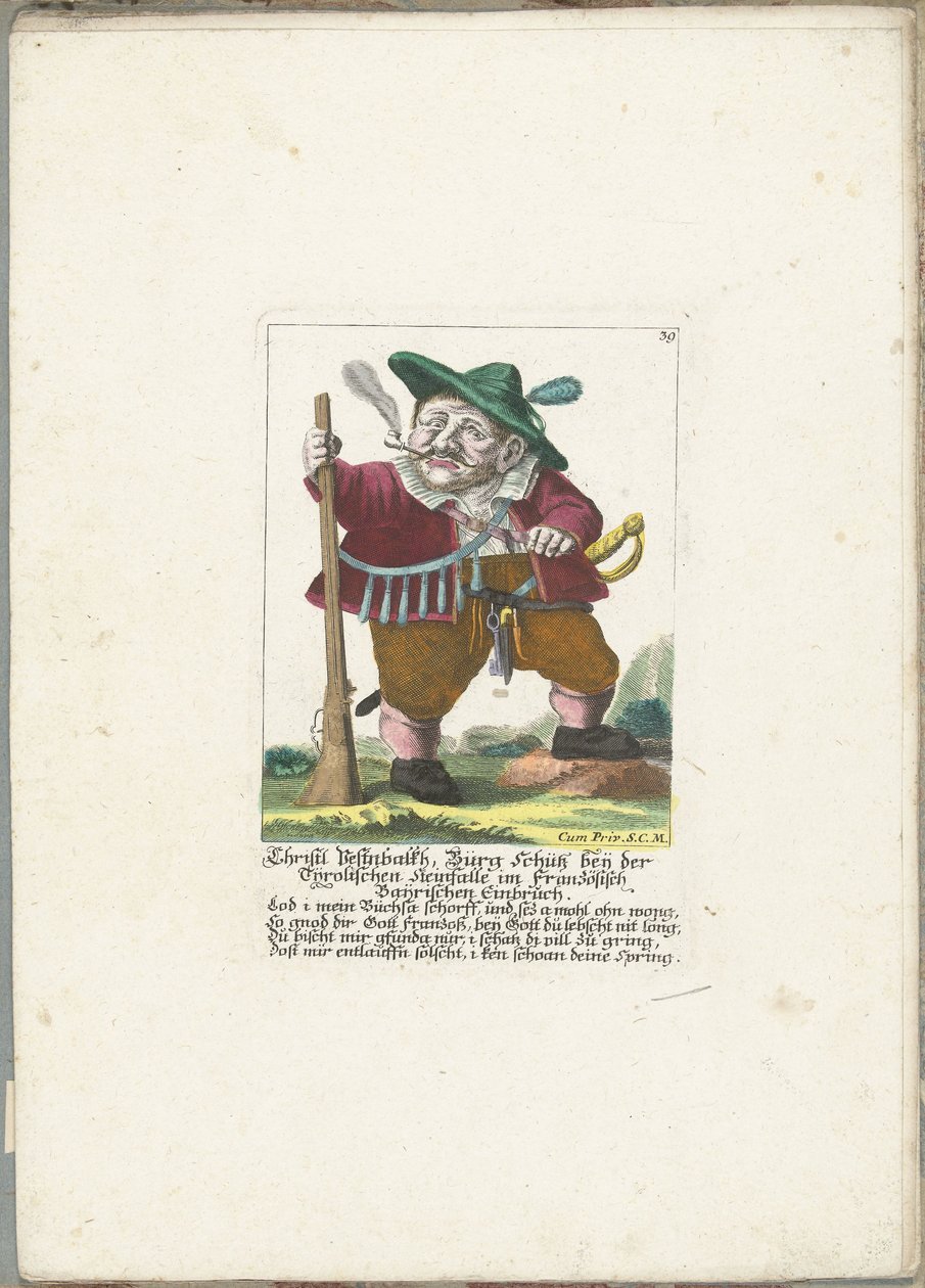 De dwerg Christl Vestnbalkh, ca. 1710 Christl Vestnbalkh, Bürg Schütz nær den tyrolske stenfælde i det franske Bayrian-indbrud (titel på objektet) Il Callotto resurcitato eller nyindrettet lille kabinet (serietitel) af Martin Engelbrecht (attributed to)