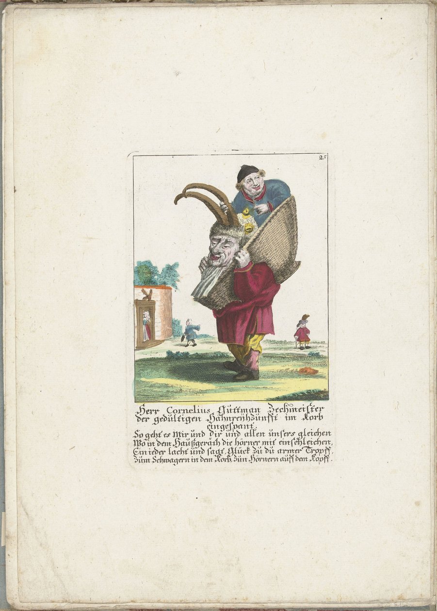 De dwerg Cornelius Guttman som hoorndrager, ca. 1710 Mr. Cornelius Guttman drukkenbolten fra det tålmodige hanelaug spændt i en kurv (titel på objekt) Il Callotto resurcitato eller nyindrettet lille kabinet (serietitel) af Martin Engelbrecht (attributed to)