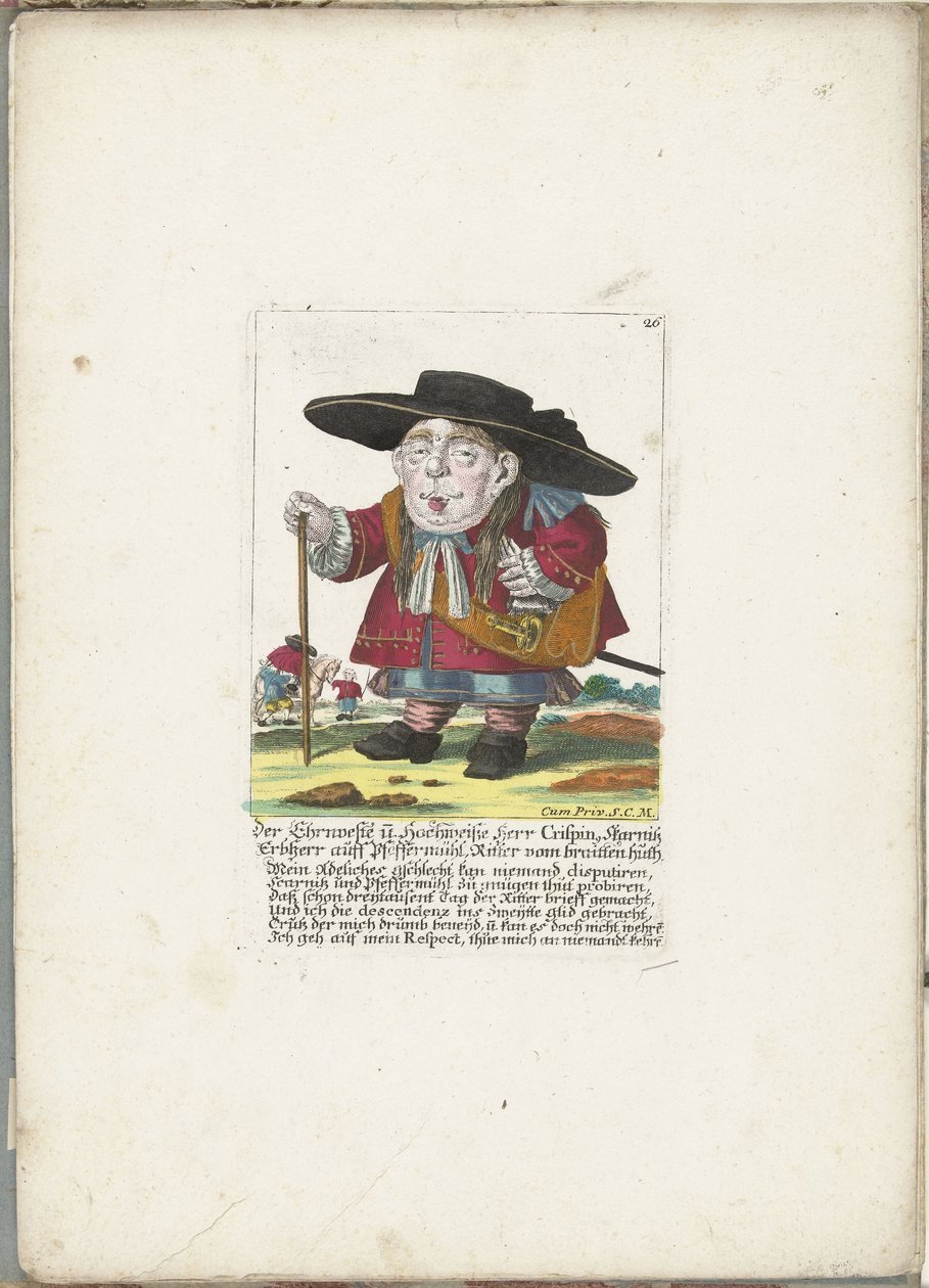 De dwerg Crispin Skarnitz, ca. 1710 Ehrnveste og Hochweiße Herr Crispin, Skarnitz arveherre auff Pfeffermühl, ridder af braitten huth (titel på objekt) Il Callotto resurcitato eller nyindrettet lille kabinet (serietitel) af Martin Engelbrecht (attributed to)
