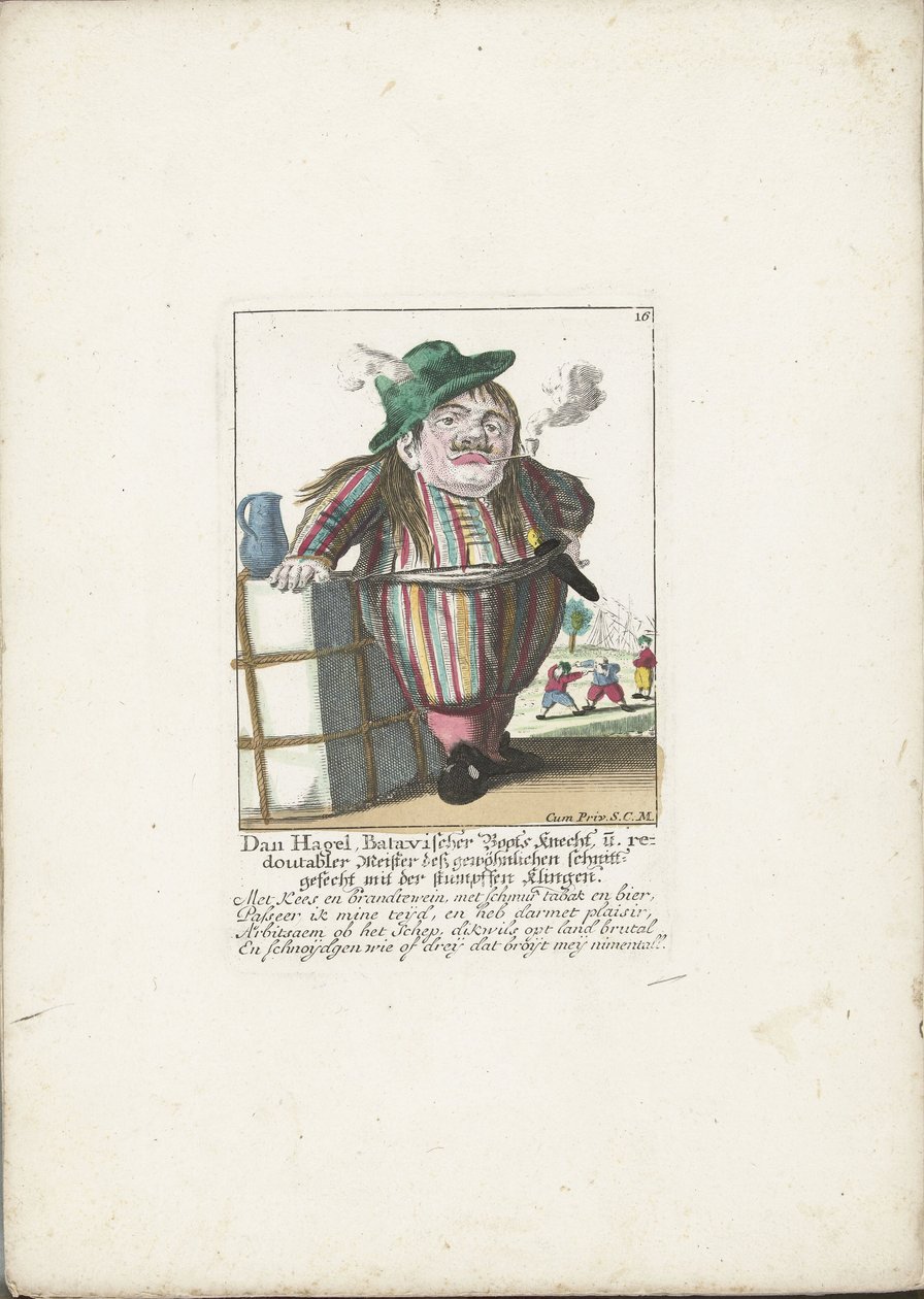 Dwergen Dan Hagel som hollandsk bådfører, omkring 1710 Dan Hagel, batavisk bådsmand og fordoblet mester i den almindelige huggekamp med den stumpe klinge (titel på objektet) Il Callotto resurcitato eller Nyindrettet Dværg Cabi af Martin Engelbrecht (attributed to)