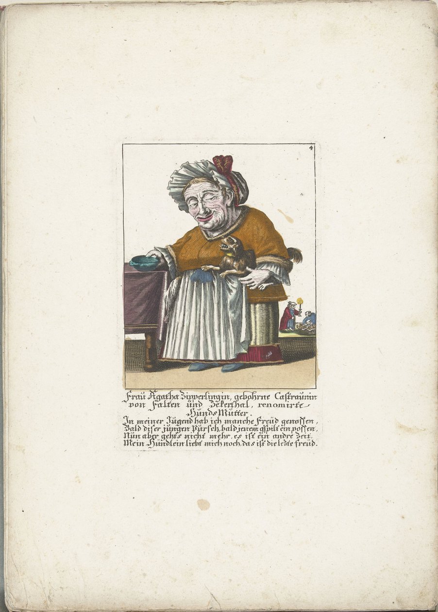 De dwerg Frau Agatha Zipperlingin met hondje, ca. 1710 Fru Agatha Zipperlingin, født Castaunin von Falten und Zeckerthal, berømt hundemor (titel på objektet) Il Callotto resurcitato eller nyindrettet lille kabinet (serietitel) af Martin Engelbrecht (attributed to)