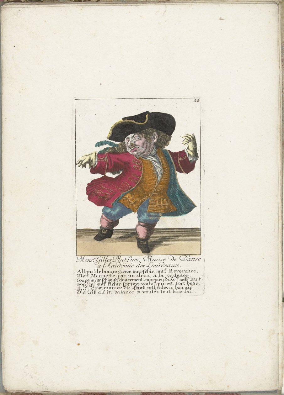 Dværgen Gilles Platfues som fransk dansemester, ca. 1710 Mgr. Gilles Platfues, Master of Dance ved Academie des Lourdeaux (titel på objekt) Il Callotto resurcitato eller nyudnævnt Zwerchen-kabinet (serietitel) af Martin Engelbrecht (attributed to)