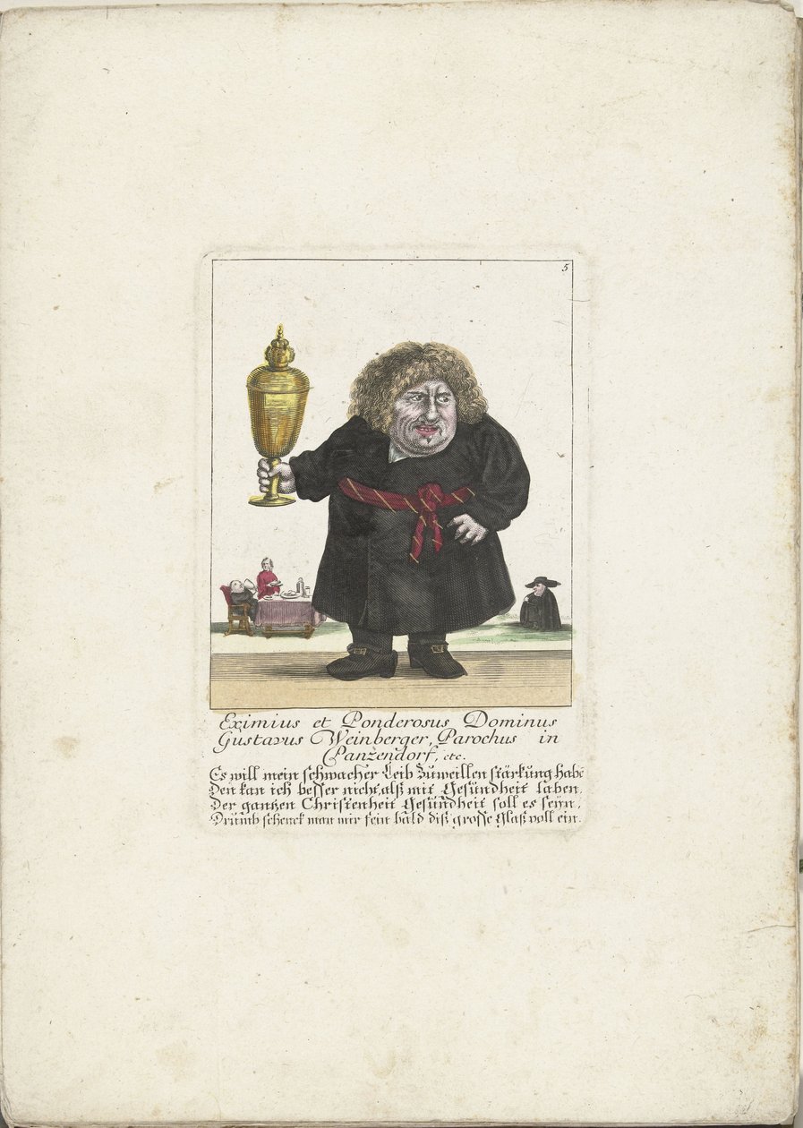 Dværgen Gustavus Weinberger som gejstlig med en kop, ca. 1710 Eximius et Ponderosus Dominus Gustavus Weinberger Sogn i Panzendorf osv. (titel på objekt) Il Callotto resurcitato oder Neu eingerichts Zwerchen Cabinet (serietitel) af Martin Engelbrecht (attributed to)