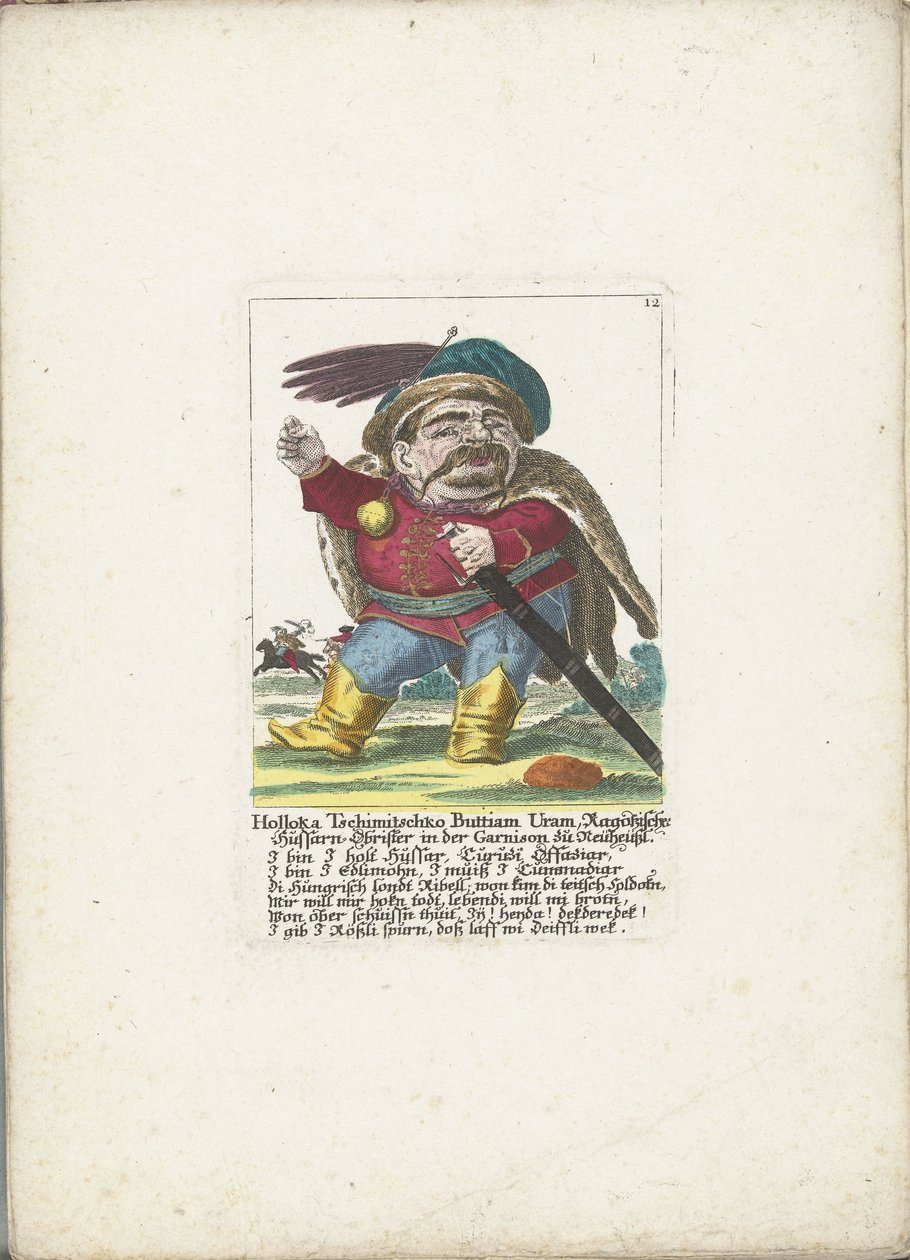 De dwerg Holloka Chimichko Buttiam Uranium as huzaar, ca. 1710 Holloka Tschimitschko Buttiam Uran, Ragoßischer Hussarns oberst i Neuheussl-garnisonen (titel på objektet) Il Callotto resurcitato eller nyindrettet lille kabinet (serietitel) af Martin Engelbrecht (attributed to)