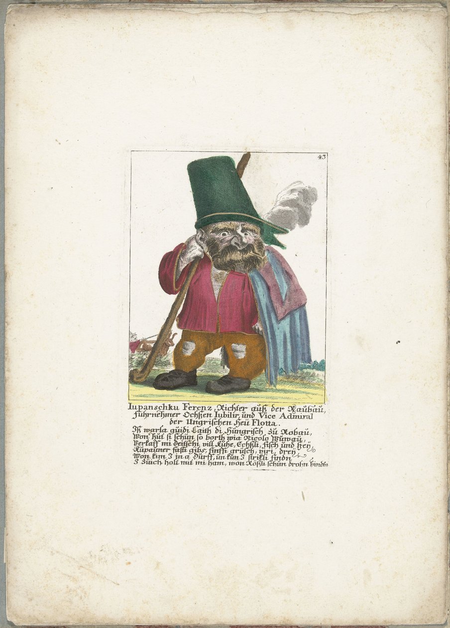 De dwerg Iupanschku Ferenz, ca. 1710 Iupanschku Ferenz, dommer fra Raubau, øverste okse Jubilir og viceadmiral for den ungarske Heü Flotta (titel på objektet) Il Callotto resurcitato eller nyindrettet lille kabinet (serietitel) af Martin Engelbrecht (attributed to)