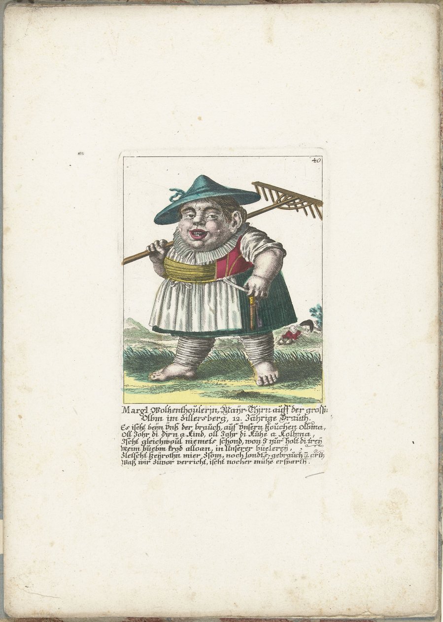 Dværgen Margl Woltzenthoulerin, ca. 1710 Margl Woltzenthoulerin, Mayr-Thirn auff der grossn Olbm im Zillersberg, 12. Jährige Brauth (titel på objekt) Il Callotto resurcitato eller nyudnævnt Zwerchen-kabinet (serietitel) af Martin Engelbrecht (attributed to)