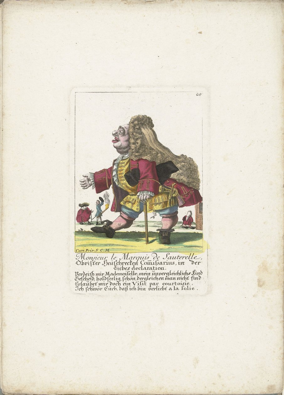 Dværgen Monsieur le Marquis de Sauterelle, ca. 1710 Monsieur le Marquis de Sauterelle, Obrister Heüschrecken Commissarius, in der Liebes-erklæringen (titel på objektet) Il Callotto resurcitato eller nyudnævnt Zwerchen-kabinet (serietitel) af Martin Engelbrecht (attributed to)
