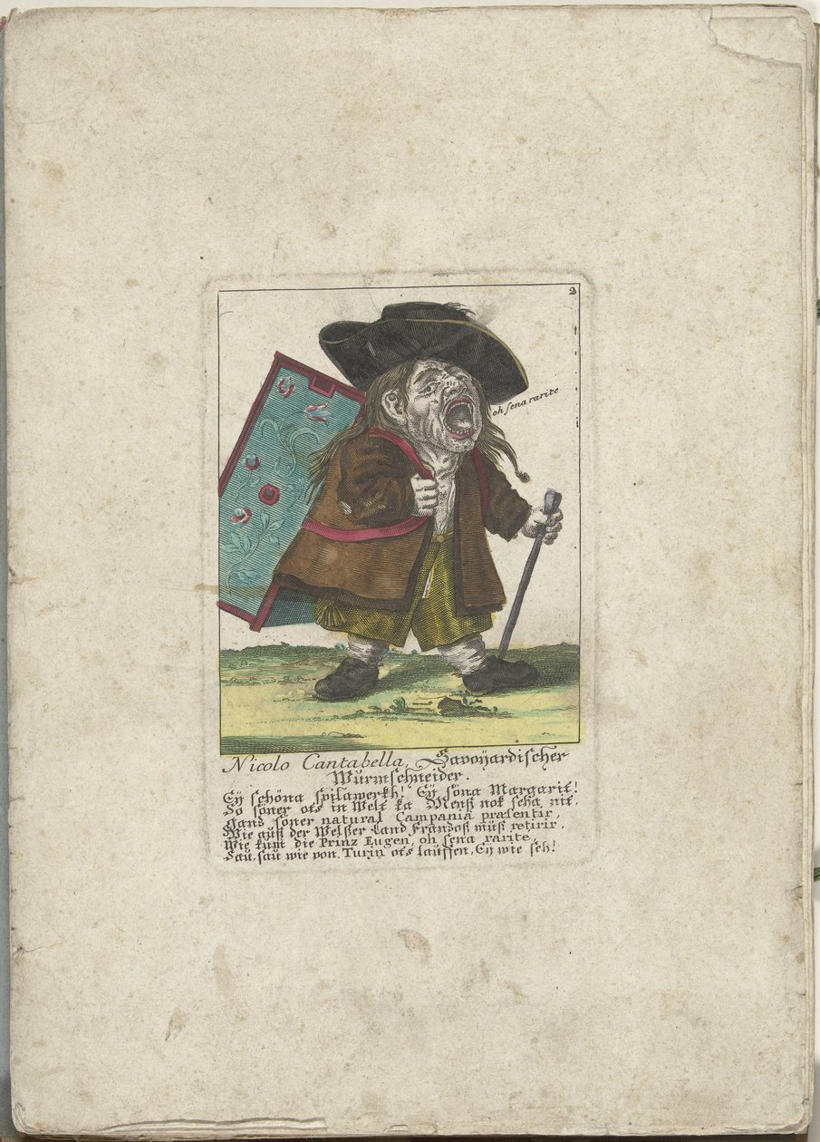 De dwerg Nicolo Cantabella, ca. 1710 Nicolo Cantabella, Savoyard ormeskærer (titel på objekt) Il Callotto resurcitato eller nyindrettet lille kabinet (serietitel) af Martin Engelbrecht (attributed to)