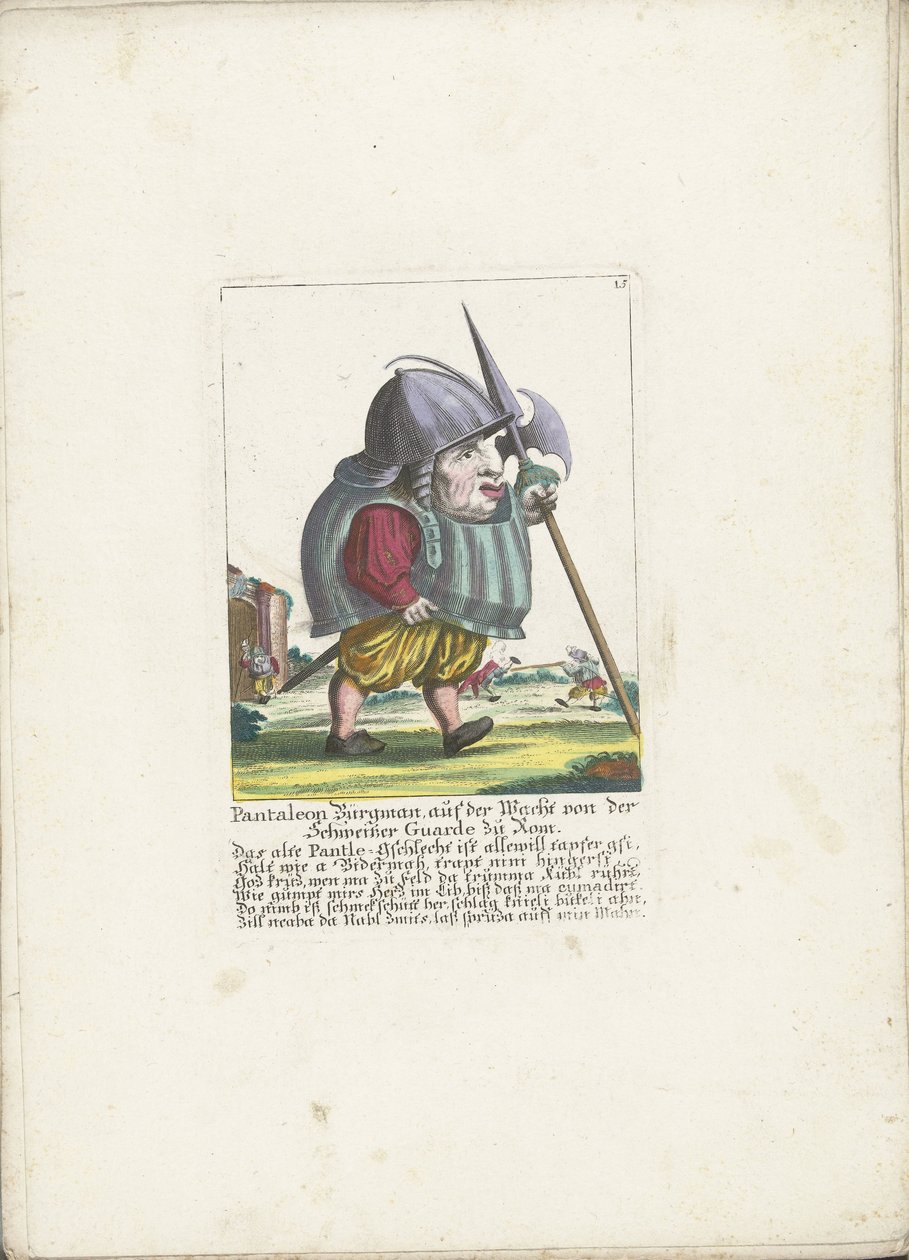 Dwerg Pantaleon Bürgman van de Zwitserse Garde te Rom, ca. 1710 Pantaleon Bürgman, på vagttjeneste fra den schweiziske garde i Rom (titel på objekt) Il Callotto resurcitato eller nyindrettet lille kabinet (serietitel) af Martin Engelbrecht (attributed to)