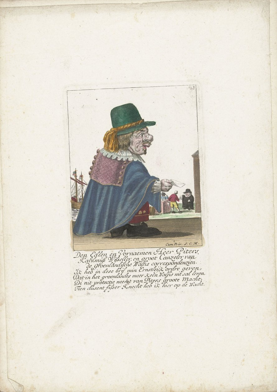 Dværgpitterne Kahlmüß Wisseller som hvalfanger, ca. 1710 Den Edlen og Vornaemen Heer Piters Kahlmüß Wisseller og Groot Canzeler fra Greenlandische Walfis correspondenzien (titel på objektet) Il Callotto resurcitato oder Neu eingerichts Zwerchen C af Martin Engelbrecht (attributed to)