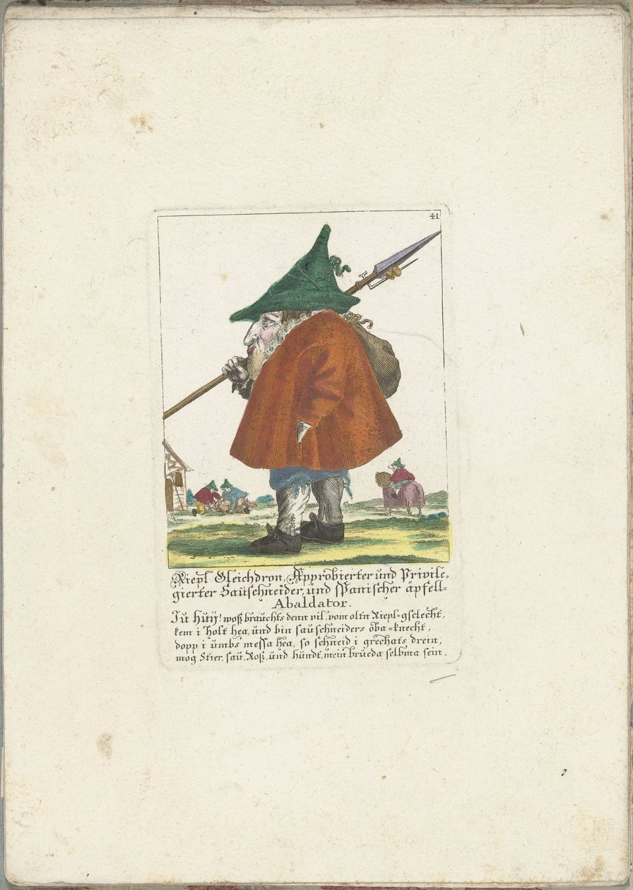 Dwerg Riepl Gleichdron, ca. 1710 Riepl Gleichdron, licenseret og privilegeret pølseskærer og spansk æbleabaldator (titel på objektet) Il Callotto resurcitato eller nyindrettet lille kabinet (serietitel) af Martin Engelbrecht (attributed to)