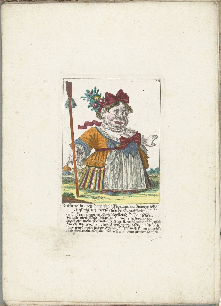 De dwerg Ruffanella som hyrde, ca. 1710 Ruffanella, hyrdinde griner af Plorianders bevægende anmodning (titel på objektet) Il Callotto resurcitato eller nyindrettet lille kabinet (serietitel) af Martin Engelbrecht (attributed to)