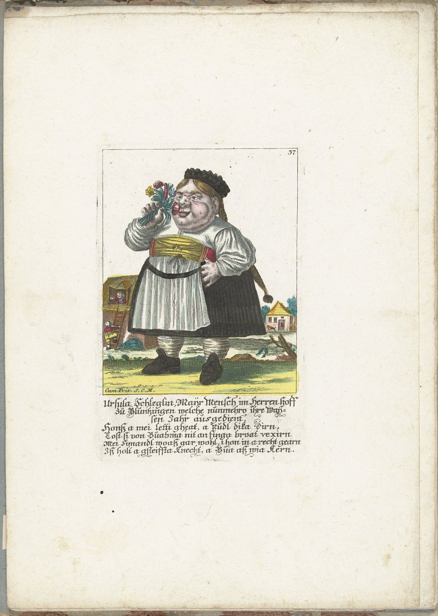 Dwerg Ursula Schleglin, ca. 1710 Ursula Schleglin, Maijr Mensch im Herren hoff zu Bluntzingen, som nu har afsonet sit afkaldsår (titel på objekt) Il Callotto resurcitato eller nyindrettet lille kabinet (serietitel) af Martin Engelbrecht (attributed to)