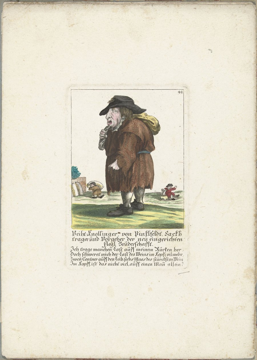 Dwerg Veith Knollinger ved Pinklfeldt, ca. 1710 Veith Knollinger von Pinklfeldt, Baghtrager og forgænger for det nyetablerede Flegl Broderskab (titel på objekt) Il Callotto resurcitato eller nyindrettet lille kabinet (serietitel) af Martin Engelbrecht (attributed to)