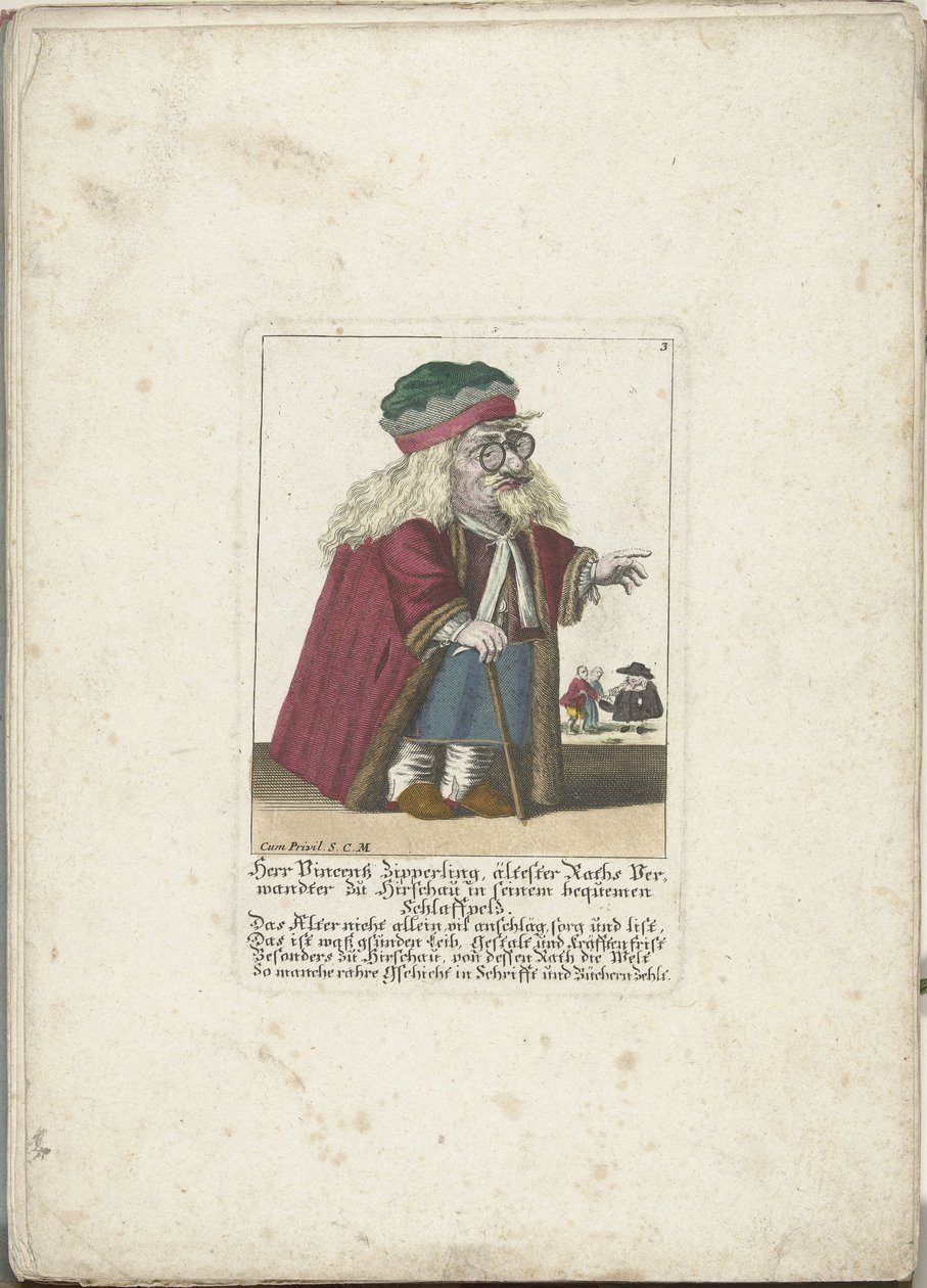 Dwerg Vincentz Zipperling i een bontjas, ca. 1710 Herr Vincentz Zipperling, Raths ældste slægtning i Hirschau, i sin behagelige slappe frakke (titel på objektet) Il Callotto resurcitato eller nyindrettet lille kabinet (serietitel) af Martin Engelbrecht (attributed to)